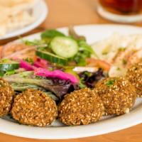 Falafel Plate · Vegan. Five falafel balls, salad, hummus, and 2 pita