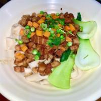 Biangbiang Noodle · Braised Pork, Bok Choy, Pea & Carrot, Chili Oil, Garlic, Green Onion, Cilantro