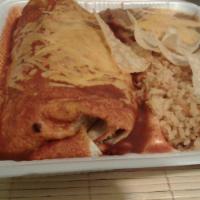 Wet Burrito Plate · Served with rice and beans.