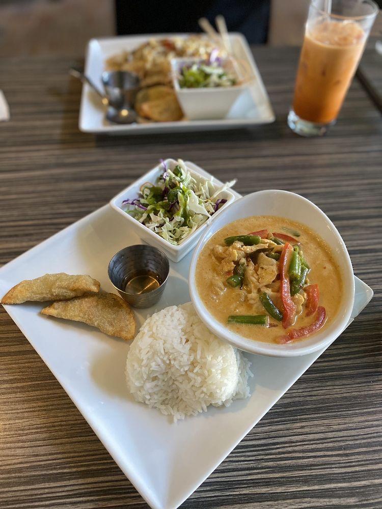 Panang Curry · Green beans and red bell peppers in coconut panang curry cream sauce. Served with choice of protein and choice of rice.
