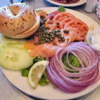 Nova Lox Platter · Nova smoked salmon, lettuce, tomatoes, cucumbers, red onion, capers, and lemon wedges served...