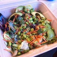 Edamame Salad · Organic edamame, organic spring mix, shredded carrots, balsamic vinaigrette.
