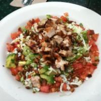 Santa Fe Chop Salad · Grilled chicken breast, mixed greens, tomato, avocado, jicama, corn, Jack and Cotija cheeses...