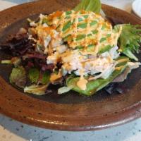 Spicy Crab Avocado Salad · Spicy crabmeat and sliced avocado over mixed greens drizzled with spicy mayo.