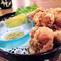 Free Range Chicken Karaage · Deep fried marinated boneless skinless free-range chicken thigh served with green tea salt.