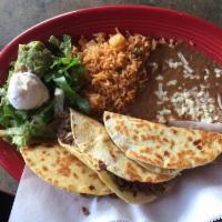 Quesadillas · Comes with your choice of chicken, carnitas, chipotle tinga, ground beef, steak or spinach a...