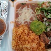 Carnitas Plate Combo · Homemade pork carnitas, guacamole and pico. Served with rice and beans and corn tortilla.