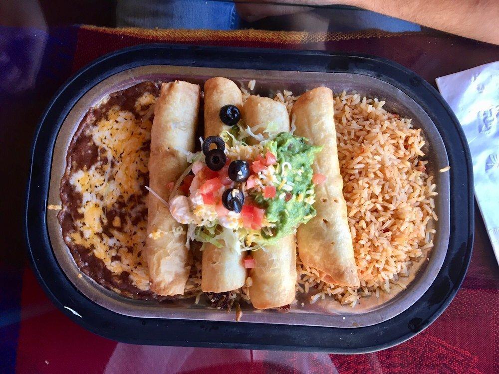 Flautas · 4 pieces. Rolled flour tortilla. Filled with your choice of chicken, shredded or ground beef, topped with sour cream and guacamole.
