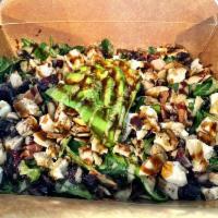 Chicken Cranberry Salad · Dressed house greens, dried cranberry, grilled chicken, bacon bits, goat cheese, sliced almo...