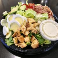Craft Cobb Salad · Romaine lettuce, all-natural chicken breast, bacon, Gorgonzola cheese, hard-boiled egg, Roma...