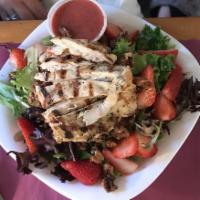 Grilled Chicken Sandwich · Grilled chicken on focaccia bread with lettuce, tomato, onion, and lemon ricotta spread or m...