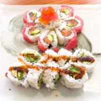 Cherry Blossom Roll · Salmon avocado with tuna on the top and tobiko.