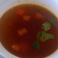 Tom Yum · Sweet and sour soup with lemon grass, mushrooms, onions, bell peppers, lime juice and cilant...