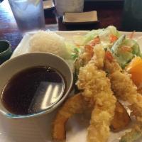 Mixed Tempura · Battered prawns and vegetables. Served with salad and rice.