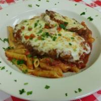 Chicken Parmigiana · Cooked to golden brown and topped with melted mozzarella cheese and delicious marinara sauce.