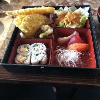 Sushi and Sashimi Bento · Assorted sushi and sashimi. Served with steamed rice, miso soup, house salad, California rol...