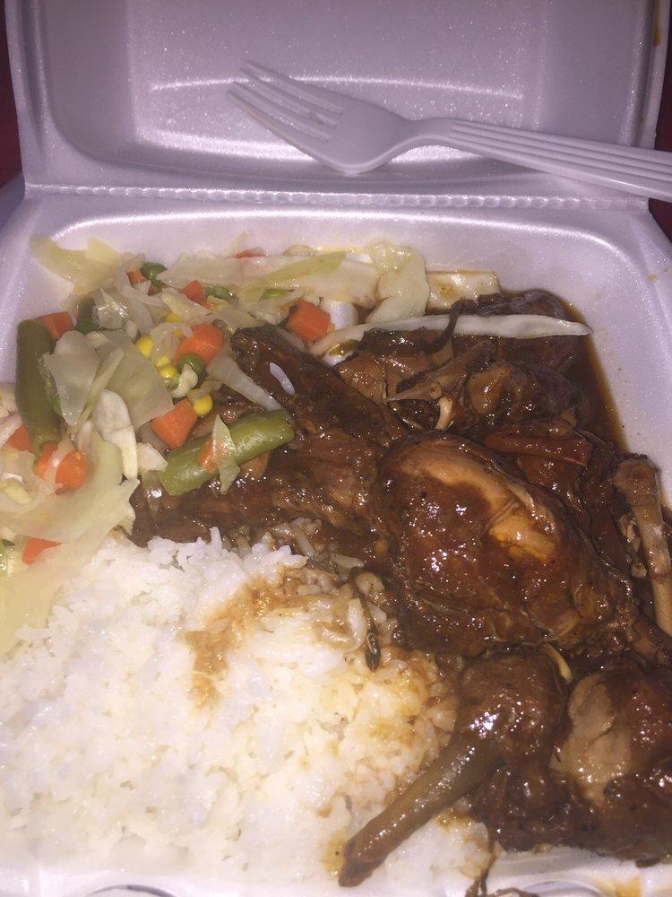 Stew Chicken · Served with roti, white rice, pea and rice, vegetable rice or boiled provision with steamed vegetables and plantains.