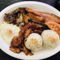 Combo Plate · Choice of any 2 rice meals meat. Served with egg and choice of garlic or white rice.