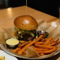Backyard Burger · Sirloin/brisket beef patty, tomato, grilled onion, house-bacon, sharp cheddar, lettuce, pick...