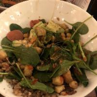 Buddha Bowl · Farro, kale, quinoa, soy-marinated shiitake, mushrooms, avocado, pickled radish, chickpeas, ...