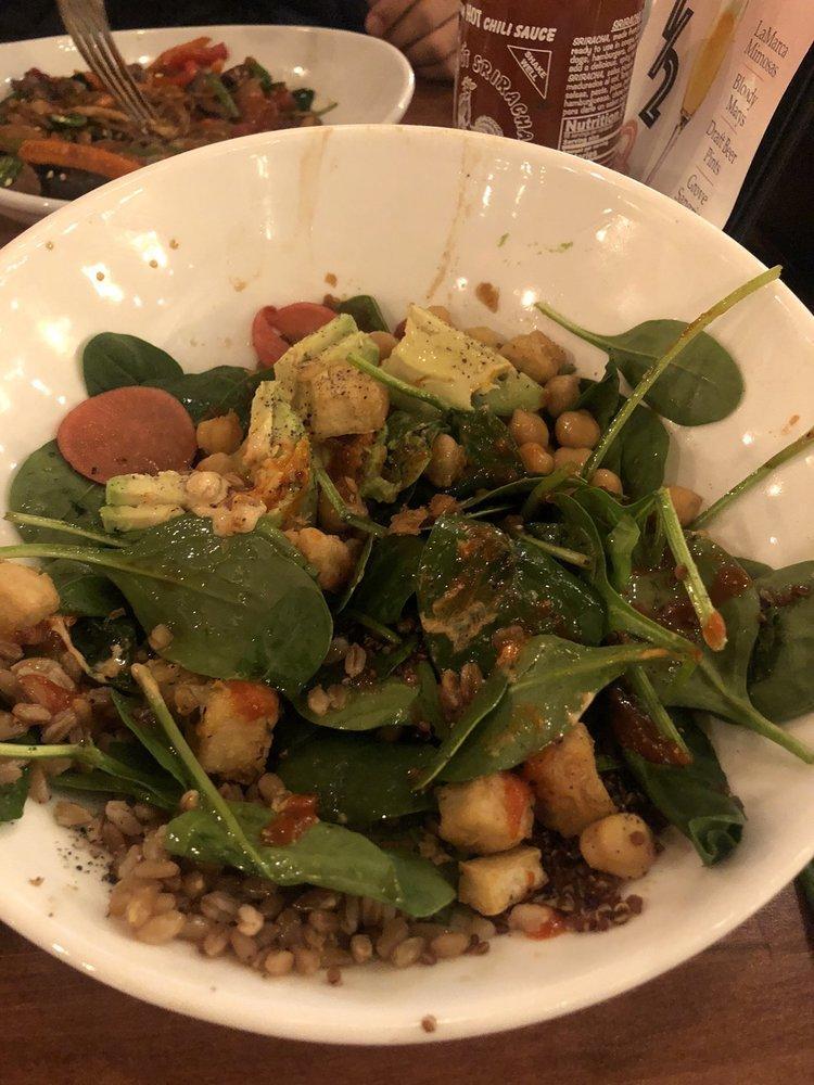Buddha Bowl · Farro, kale, quinoa, soy-marinated shiitake, mushrooms, avocado, pickled radish, chickpeas, seaweed. Served with Asian dressing.