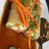 Fresh Spring Roll · 2 fresh rolls filed with bean sprouts, scrambled egg, seasoned tofu, cucumber, and topped wi...