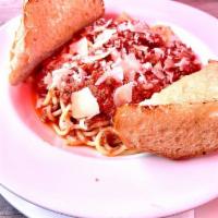 Spaghetti · Seasoned marinara topped with shaved Parmesan. Served with Grand Central Bakery garlic bread.