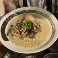 Chicken Mushroom Ramen · Vegetable broth together with chicken, egg, black wood ear, shiitake mushroom, white beech m...