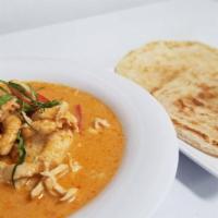 Panang Curry · Prepared with coconut milk, kaffir lime leaves and bell peppers. Served with choices of prot...