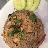 Spicy Fried Rice · Jasmine rice stir-fried with egg, onions, peppers, basil and choices of protein and spice le...