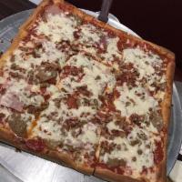 Meat Lover's Sicilian Deep Dish Pizza · Pepperoni, sausage, ham, ground beef, crumbled bacon and extra cheese.