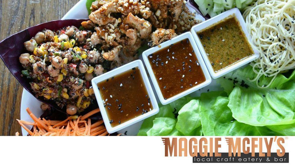 Thai Lettuce Wraps · Your choice of all-natural free-range chicken, panko fried avocado, grilled steak or grilled shrimp. Crushed peanuts, carrots, charred chickpea red quinoa corn salad, oriental noodles, cucumbers, sesame seeds, bibb lettuce, orange ginger sauce and house made Thai peanut sauce.