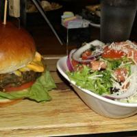 Southwest Veggie Burger · Made with cheddar Jack cheese, mushroom, cilantro, corn, bread crumbs, peppadew pepper, avoc...