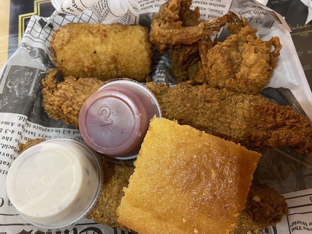 Fried Catfish · 2 farm-raised catfish filets dipped in our special batter and rolled in our cornbread meal recipe. Add grilled, 4 pieces shrimp for an additional charge.
