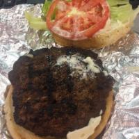 Skip Burger · 1/4 lb. pure beef char-grilled burger on a sesame seed bun. Add ons for an additional charge.