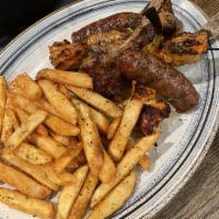 Butcher Plate · Lamb chops, chicken souvlaki, loukaniko, and  fries.
