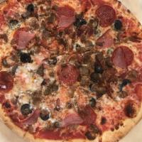 Meat Lovers Pizza · Crushed tomatoes, mozzarella, Parmesan, pepperoni, ham, Italian sausage, bacon, beef, and bl...