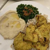 Chicken Kabob · Includes hummus, salad, rice, pita
