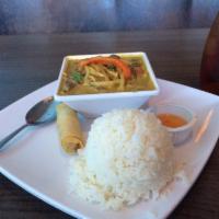 Green Curry · Green curry paste and choice of protein cooked with coconut milk, bamboo shoots, eggplant, g...