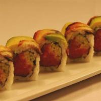 Red Dragon Roll · Spicy tuna, cucumber, topped eel, avocado, sweet sauce, and sesame seeds.