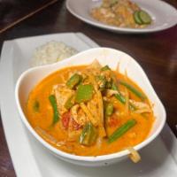 Red Curry · Bamboo shoots, string beans, bell peppers, fresh basil and coconut milk.