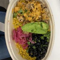 Peri Peri Chicken Bowl · turmeric brown rice, grilled marinated chicken, peri peri sauce, avocado, black beans, purpl...