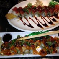Hot Night Roll · Shrimp tempura, krab, avocado and spicy tuna.