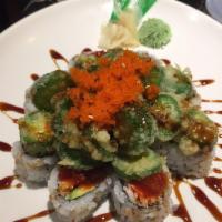 Hot Mexican Roll · Spicy California roll, jalapeno tempura, and smelt egg.