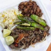 Platillos · With your choice of meat, rice, beans, handmade tortillas, and sauce or treated chiles.