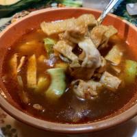 Tortilla Soup · Soup broth with chicken breast and avocados. Topped with tortilla strips and Jack cheese.