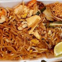 Pad Thai · A unique Thai noodles dish, thin rice noodles stir-fried with your choice of meat and egg, b...