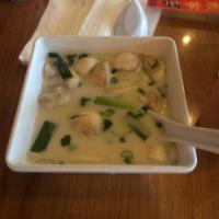 Tom Kha Soup · Rich and creamy Coconut based soup with exotic spices and Thai chili: coconut milk, mushroom...