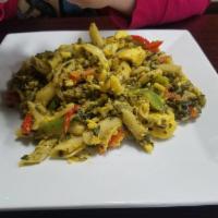Rasta Pasta · Penne pasta sauteed with ackee and callaloo. Served with choice of side.