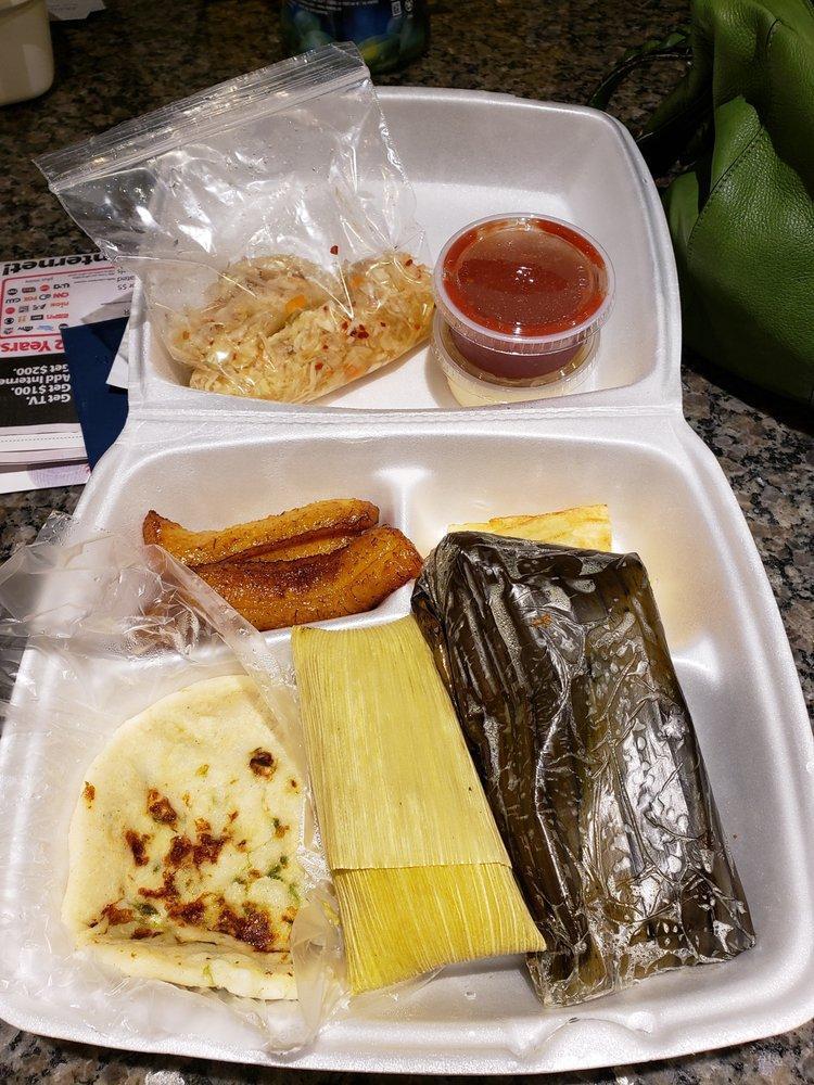 Plato Tipico · Sampler plate with 1 pupusa, 1 chicken tamal, 1 sweet corn tamal, fried cassava roots and fried plantain.